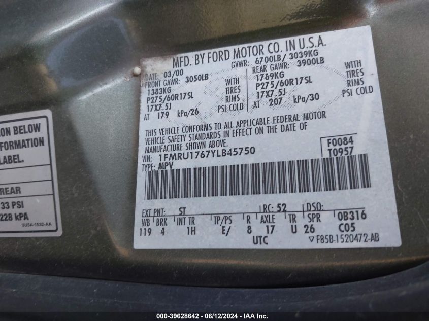 2000 Ford Expedition Eddie Bauer VIN: 1FMRU1767YLB45750 Lot: 39628642