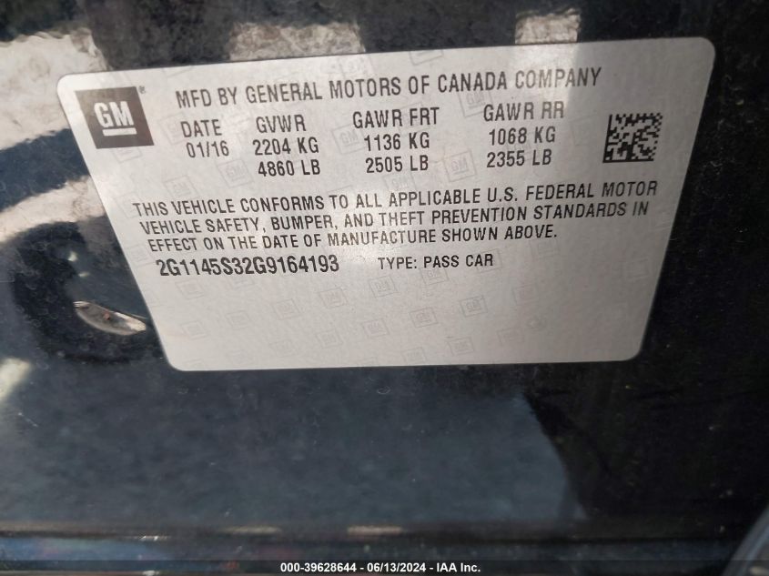 2016 Chevrolet Impala 2Lz VIN: 2G1145S32G9164193 Lot: 39628644