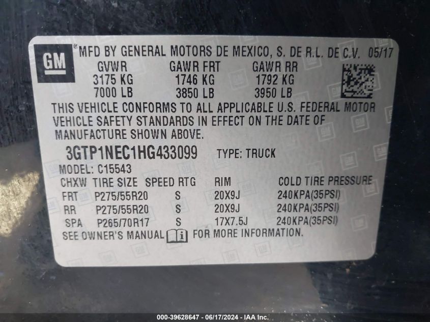 2017 GMC Sierra 1500 Slt VIN: 3GTP1NEC1HG433099 Lot: 39628647