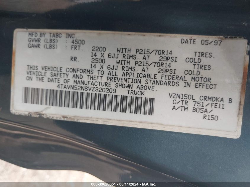1997 Toyota Tacoma Base V6 VIN: 4TAVN52N8VZ320209 Lot: 39628651