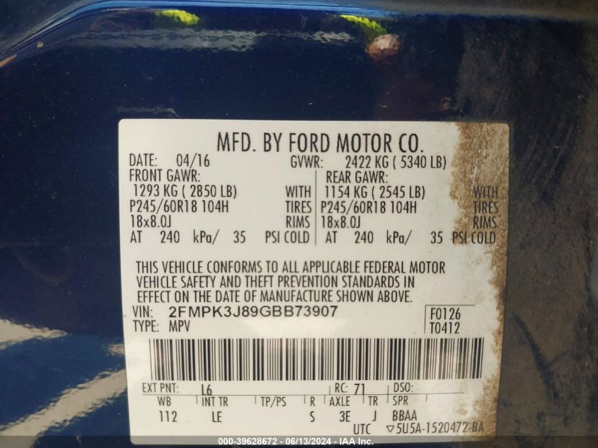 2016 Ford Edge Sel VIN: 2FMPK3J89GBB73907 Lot: 39628672