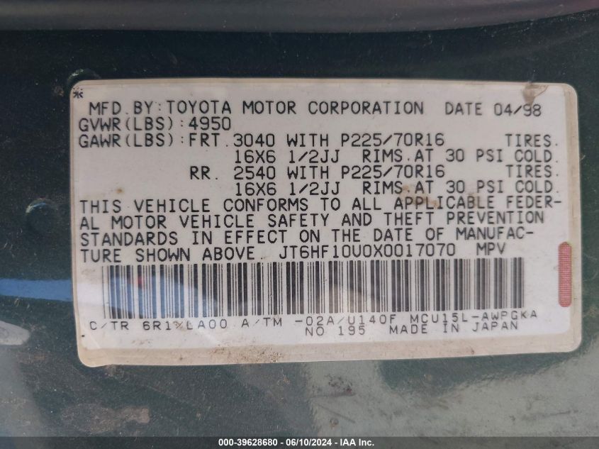 1999 Lexus Rx 300 VIN: JT6HF10U0X0017070 Lot: 39628680