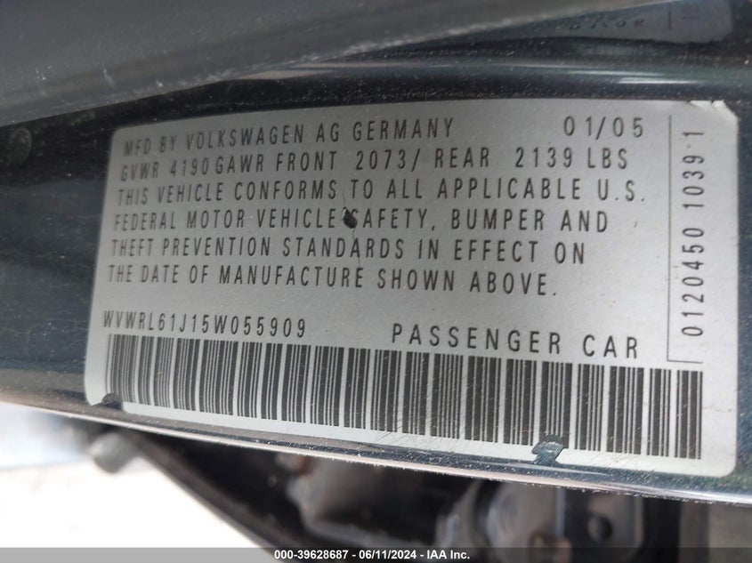 2005 Volkswagen Jetta Gl VIN: WVWRL61J15W055909 Lot: 39628687