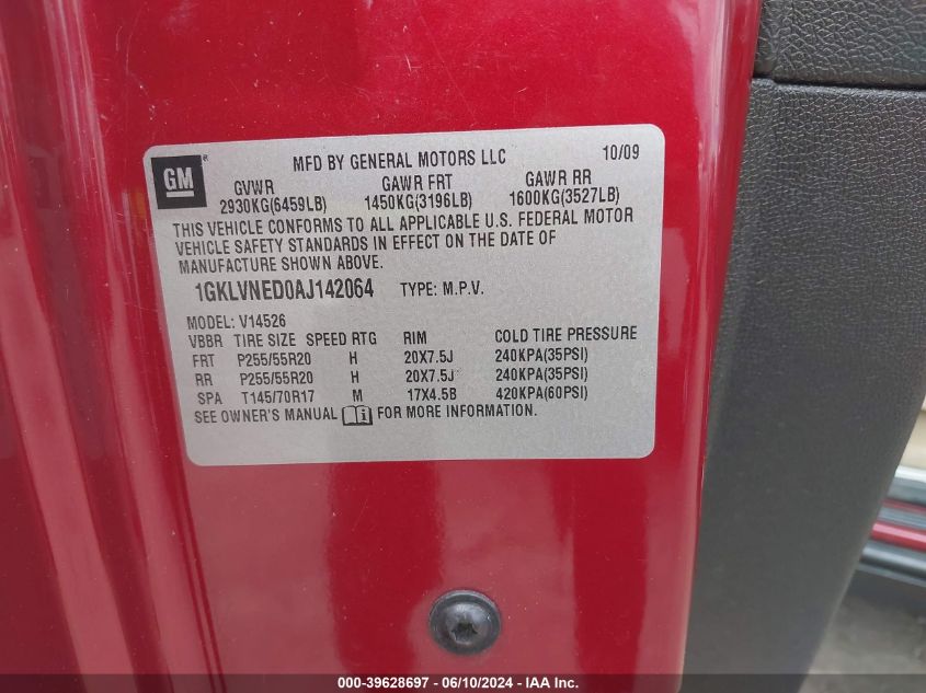 2010 GMC Acadia Slt-2 VIN: 1GKLVNED0AJ142064 Lot: 39628697