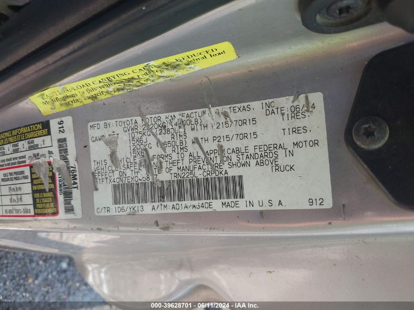 2014 Toyota Tacoma VIN: 5TFTX4CN7EX045877 Lot: 39628701