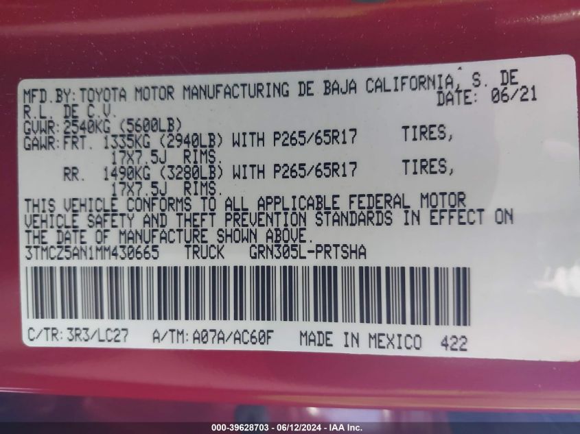 2021 Toyota Tacoma Trd Sport VIN: 3TMCZ5AN1MM430665 Lot: 39628703