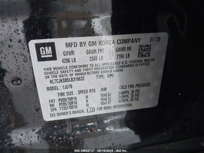 2020 Chevrolet Trax Fwd Ls VIN: KL7CJKSB5LB319632 Lot: 39628727