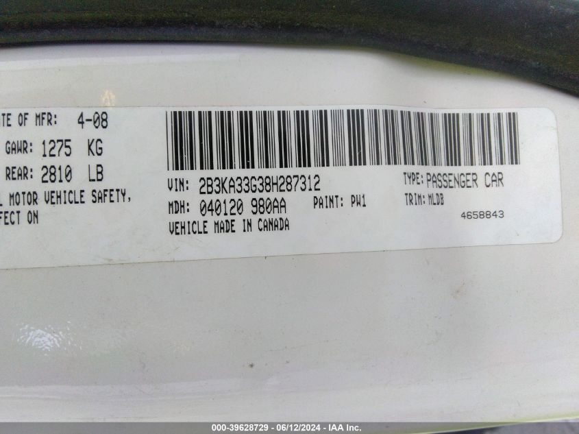 2008 Dodge Charger Sxt VIN: 2B3KA33G38H287312 Lot: 39628729