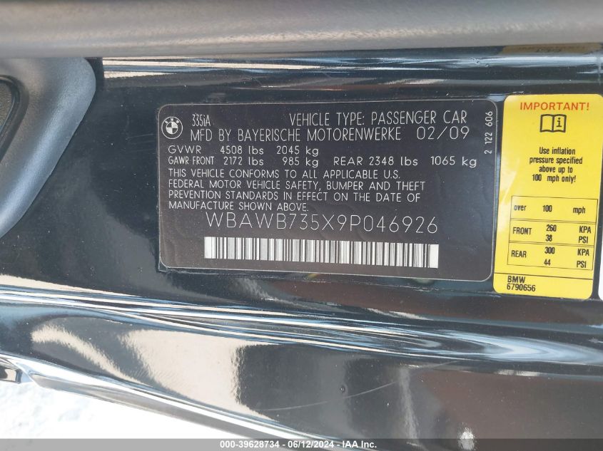 2009 BMW 335I VIN: WBAWB735X9P046926 Lot: 39628734