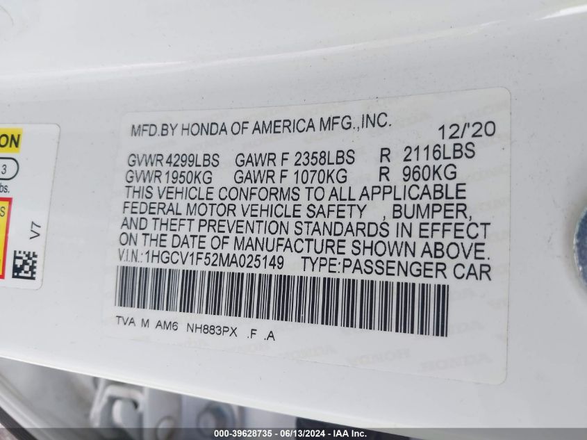 2021 Honda Accord Ex-L VIN: 1HGCV1F52MA025149 Lot: 39628735