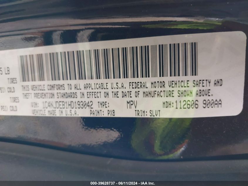2017 Jeep Compass High Altitude 4X4 VIN: 1C4NJDEB1HD193042 Lot: 39628737