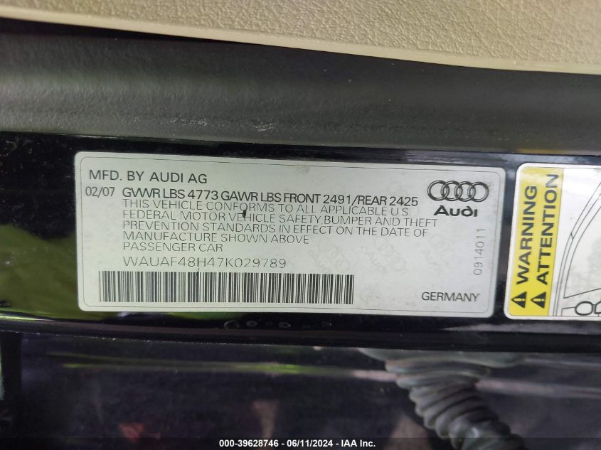 2007 Audi A4 2.0T VIN: WAUAF48H47K029789 Lot: 39628746