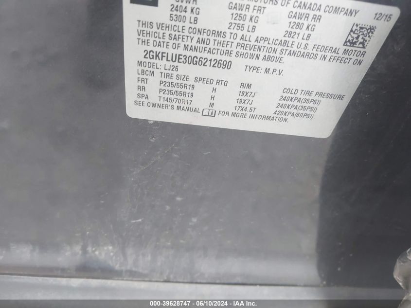 2016 GMC Terrain Slt VIN: 2GKFLUE30G6212690 Lot: 39628747