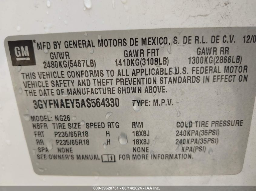 2010 Cadillac Srx Luxury Collection VIN: 3GYFNAEY5AS564330 Lot: 39628751