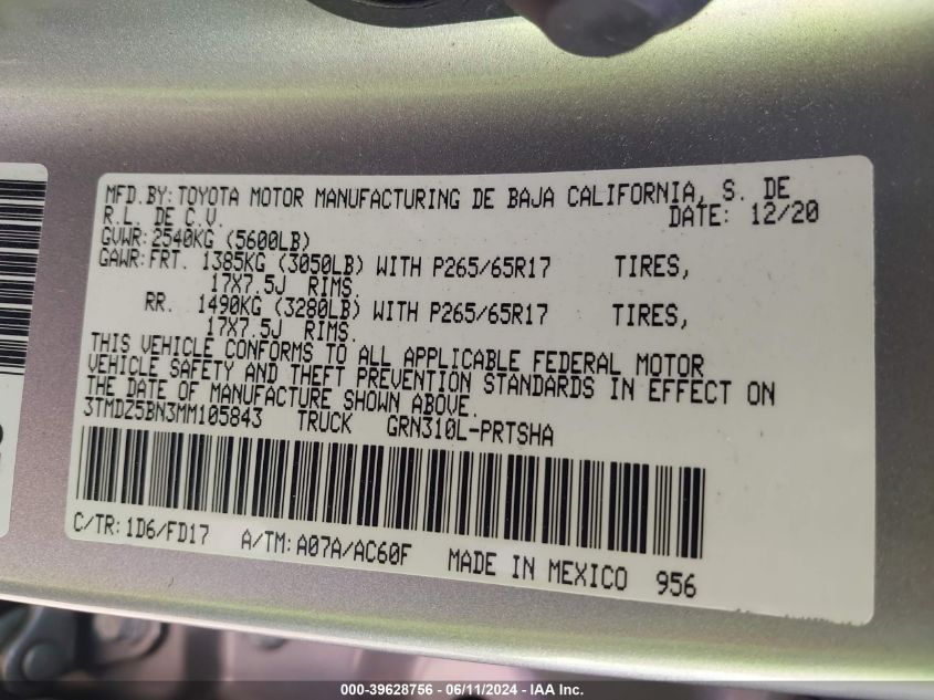 2021 Toyota Tacoma Trd Sport VIN: 3TMDZ5BN3MM105843 Lot: 39628756