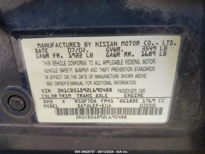 2002 Nissan Sentra Gxe VIN: 3N1CB51D92L690488 Lot: 39628757