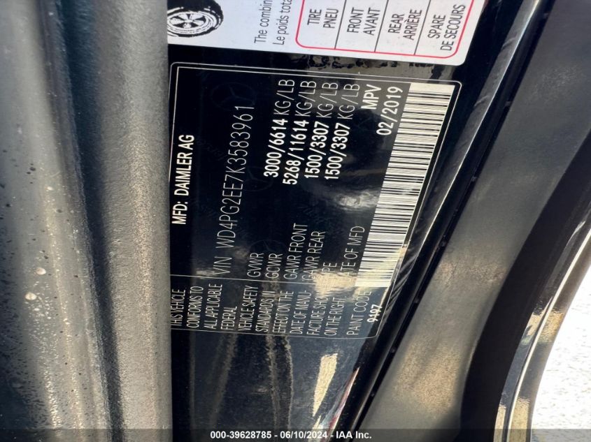 2019 MERCEDES-BENZ METRIS VIN: WD4PG2EE7K3583961