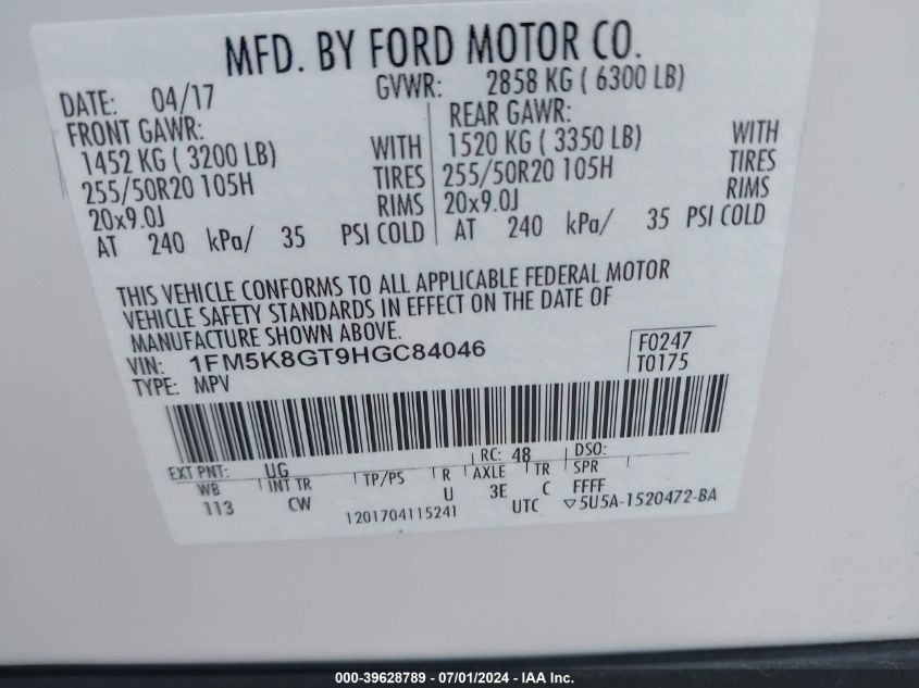 2017 Ford Explorer Sport VIN: 1FM5K8GT9HGC84046 Lot: 39628789