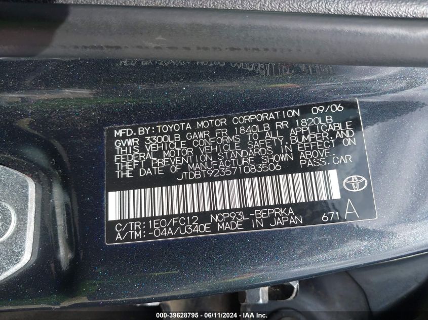 2007 Toyota Yaris VIN: JTDBT923571083506 Lot: 39628795