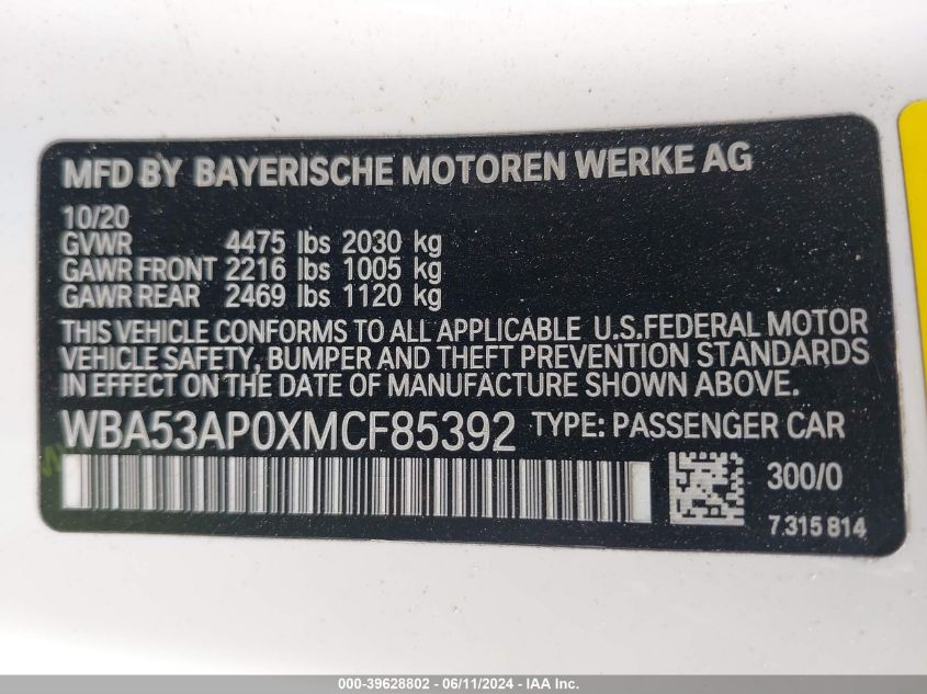 2021 BMW 430I VIN: WBA53AP0XMCF85392 Lot: 39628802