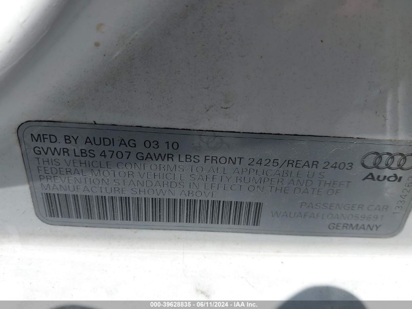 2010 Audi A4 2.0T Premium VIN: WAUAFAFL0AN059691 Lot: 39628835