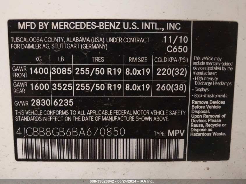 2011 Mercedes-Benz Ml 350 4Matic VIN: 4JGBB8GB6BA670850 Lot: 39628842