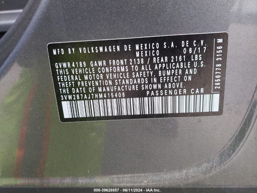 2017 Volkswagen Jetta 1.4T S VIN: 3VW2B7AJ7HM415406 Lot: 39628857