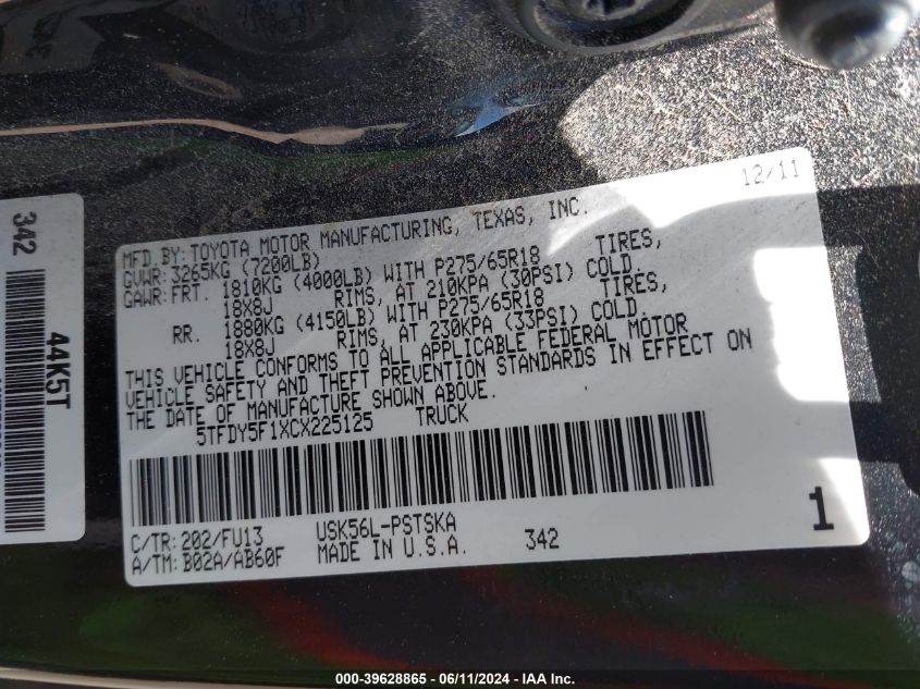 2012 Toyota Tundra Grade 5.7L V8 VIN: 5TFDY5F1XCX225125 Lot: 39628865