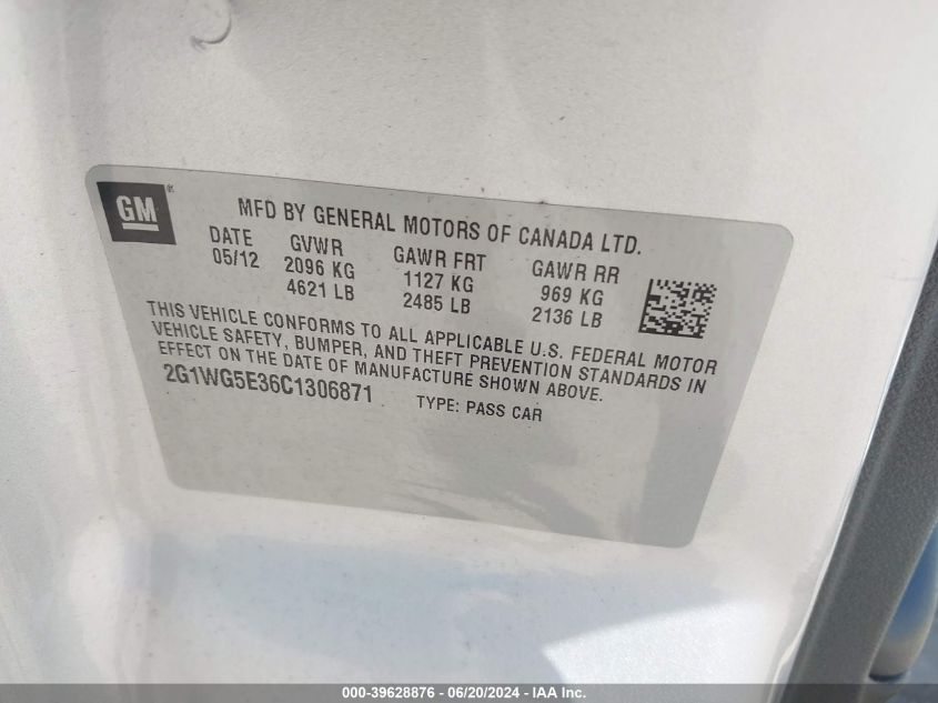 2012 Chevrolet Impala Lt VIN: 2G1WG5E36C1306871 Lot: 39628876