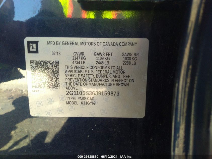 2018 Chevrolet Impala 1Lt VIN: 2G1105S36J9159873 Lot: 39628880