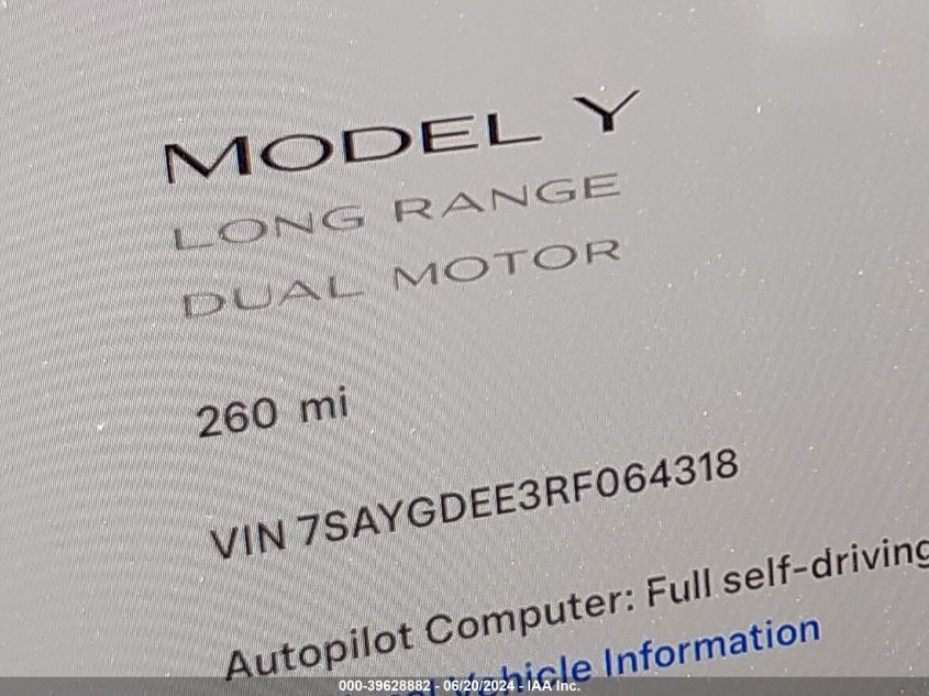 2024 Tesla Model Y Long Range Dual Motor All-Wheel Drive VIN: 7SAYGDEE3RF064318 Lot: 39628882