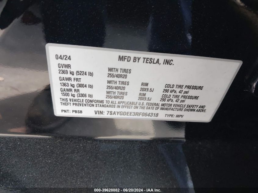 2024 Tesla Model Y Long Range Dual Motor All-Wheel Drive VIN: 7SAYGDEE3RF064318 Lot: 39628882