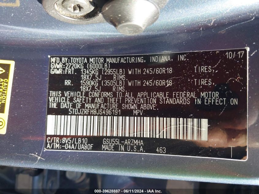 2018 Toyota Highlander Xle VIN: 5TDJZRFH8JS496191 Lot: 39628887