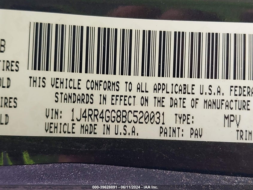 2011 Jeep Grand Cherokee Laredo VIN: 1J4RR4GG8BC520031 Lot: 39628891