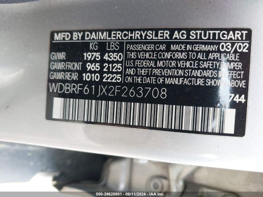 2002 Mercedes-Benz C 240 VIN: WDBRF61JX2F263708 Lot: 39628901