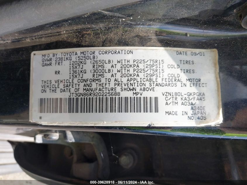 2002 Toyota 4Runner Sr5 V6 VIN: JT3GN86R920225688 Lot: 39628918