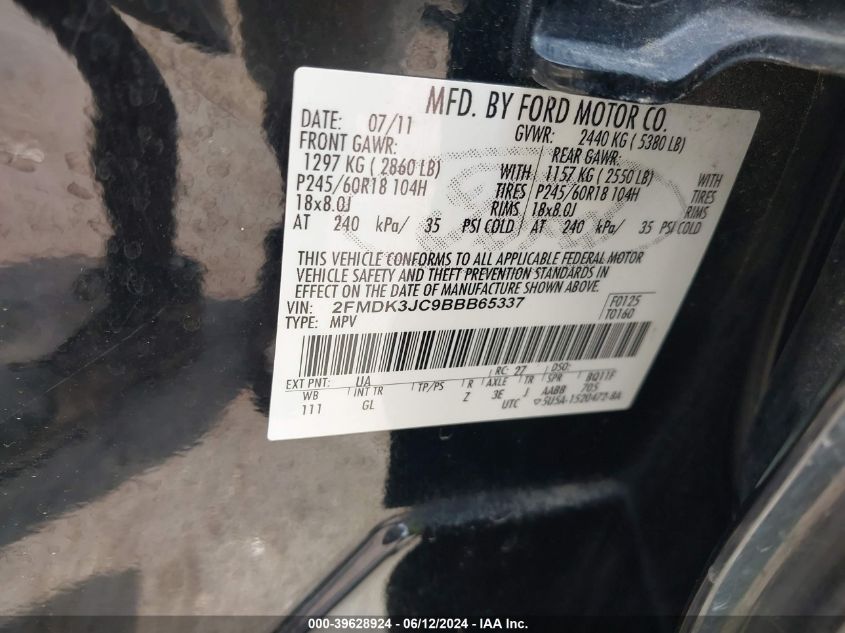 2011 Ford Edge Sel VIN: 2FMDK3JC9BBB65337 Lot: 39628924