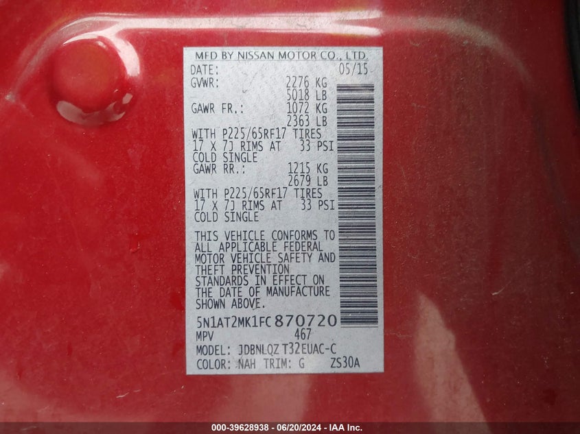 2015 Nissan Rogue Sv VIN: 5N1AT2MK1FC870720 Lot: 39628938