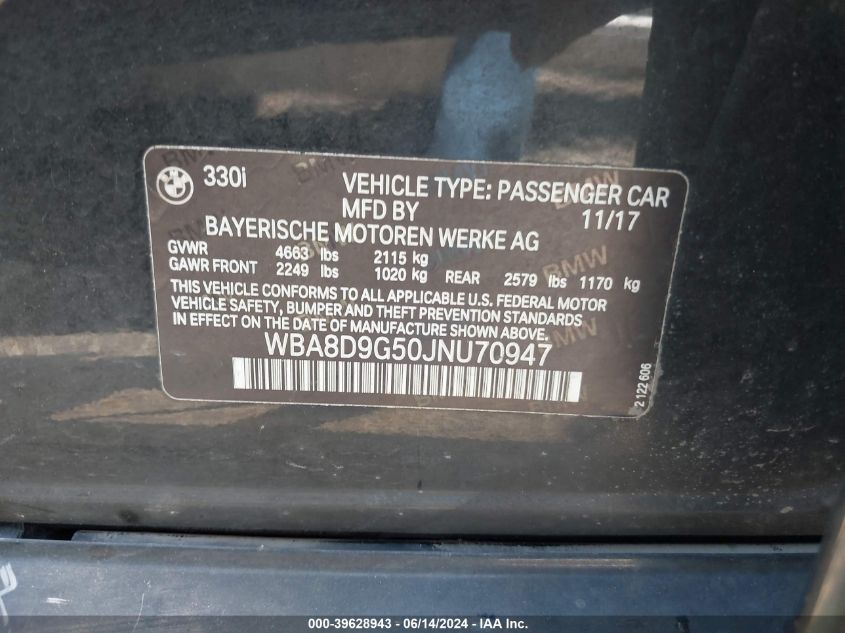 2018 BMW 330I xDrive VIN: WBA8D9G50JNU70947 Lot: 39628943