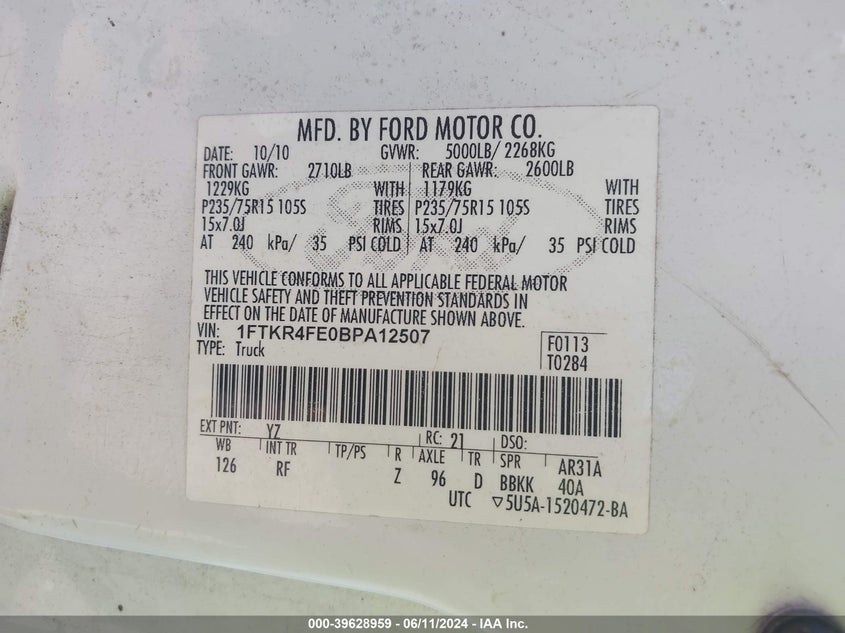 2011 Ford Ranger Super Cab VIN: 1FTKR4FE0BPA12507 Lot: 39628959