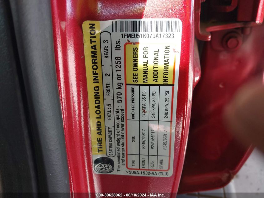 2007 Ford Explorer Sport Trac Xlt VIN: 1FMEU51K07UA17323 Lot: 39628962