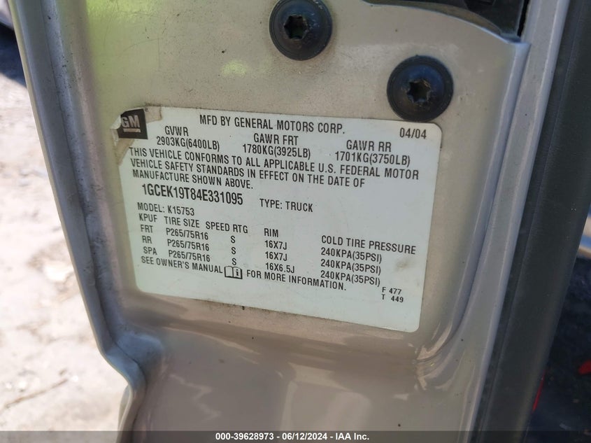 2004 Chevrolet Silverado 1500 Z71 VIN: 1GCEK19T84E331095 Lot: 39628973