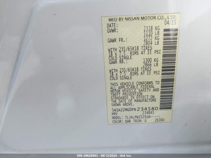 2015 Nissan Murano S VIN: 5N1AZ2MG0FN234580 Lot: 39628983