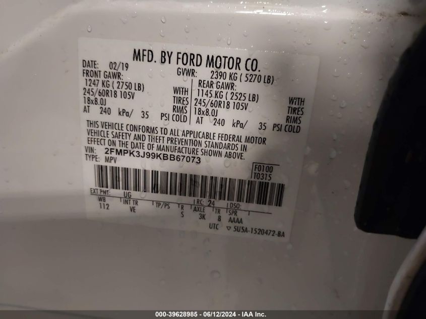 2019 Ford Edge Sel VIN: 2FMPK3J99KBB67073 Lot: 39628985