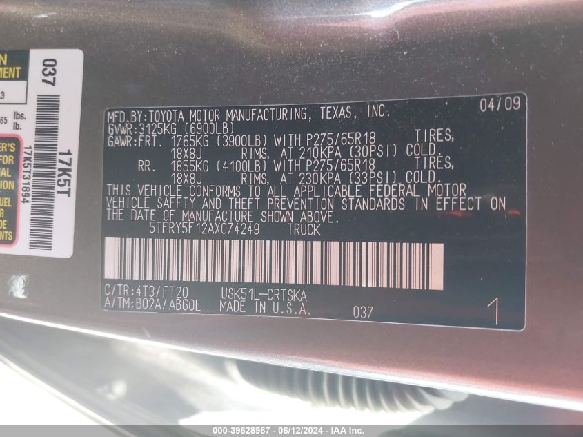 2010 Toyota Tundra Grade 5.7L V8 VIN: 5TFRY5F12AX074249 Lot: 39628987