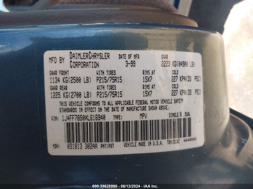 1999 Jeep Cherokee Classic VIN: 1J4FF78S0XL616940 Lot: 39628990