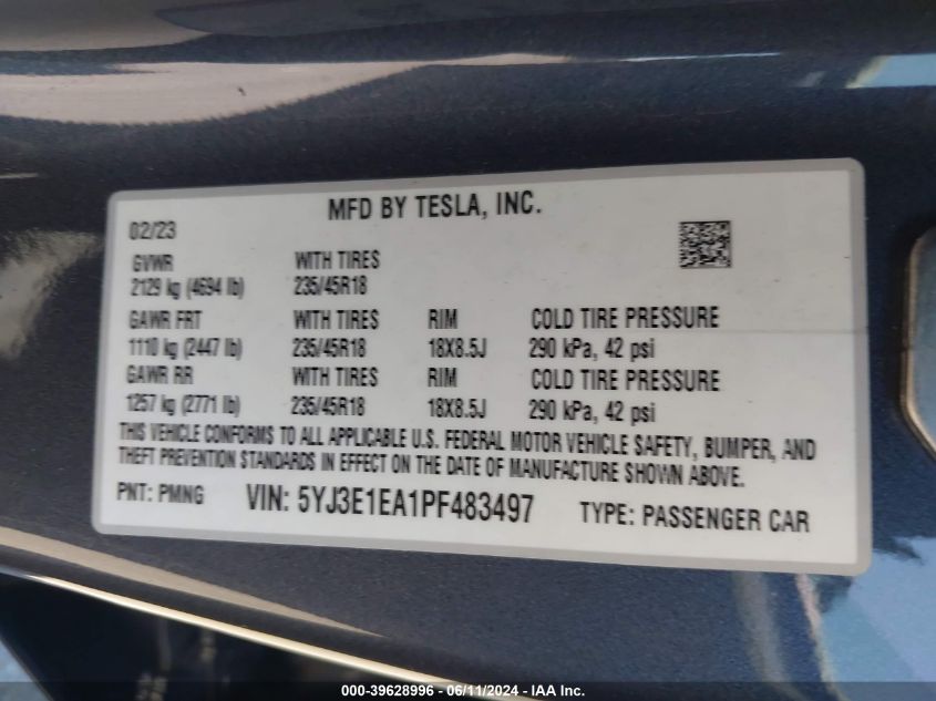 2023 TESLA MODEL 3 REAR-WHEEL DRIVE - 5YJ3E1EA1PF483497