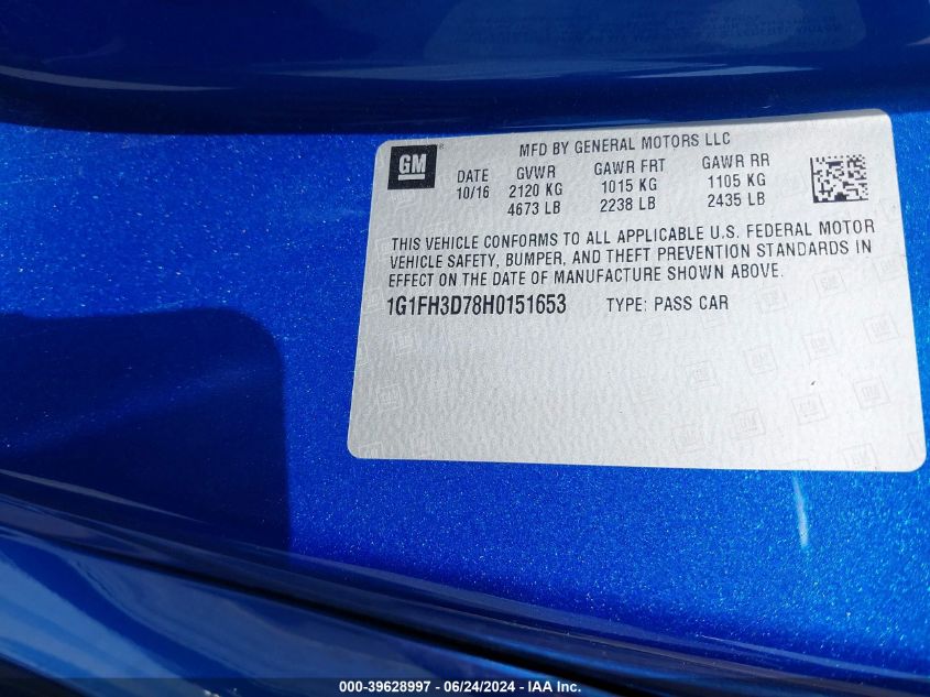 2017 Chevrolet Camaro 2Ss VIN: 1G1FH3D78H0151653 Lot: 39628997
