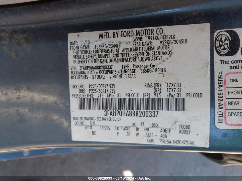 2011 Ford Fusion Se VIN: 3FAHP0HA8BR200337 Lot: 39628999