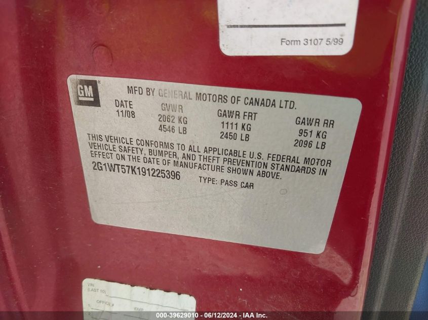 2009 Chevrolet Impala Lt VIN: 2G1WT57K191225396 Lot: 39629010